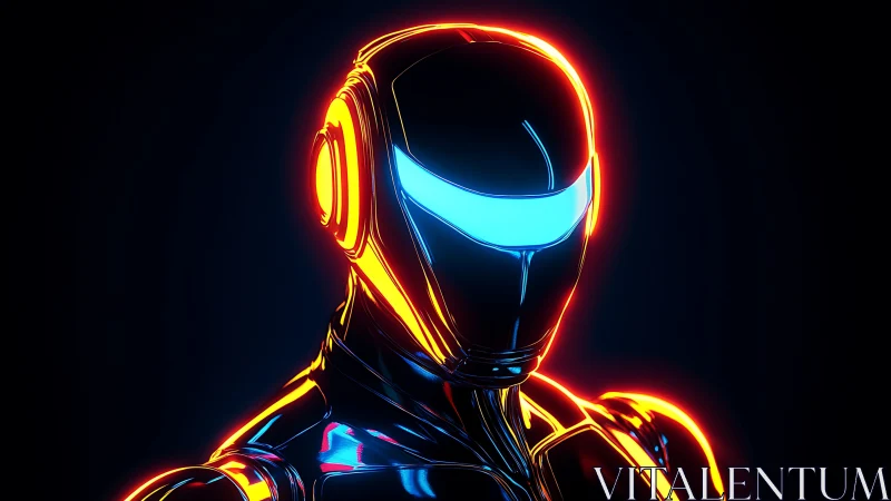 Neon-lit chrome android portrait glows against black void