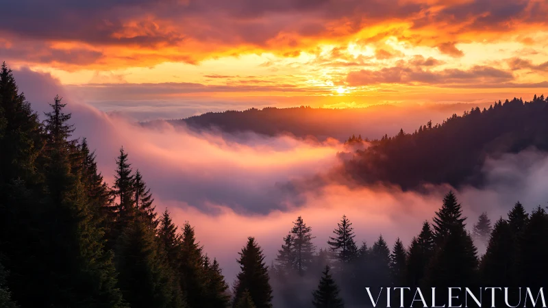 Sunset light over misty evergreen mountain valley.