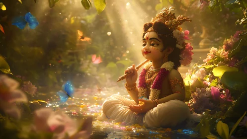 Child deity statue sits in floral forest clearing with butterflies