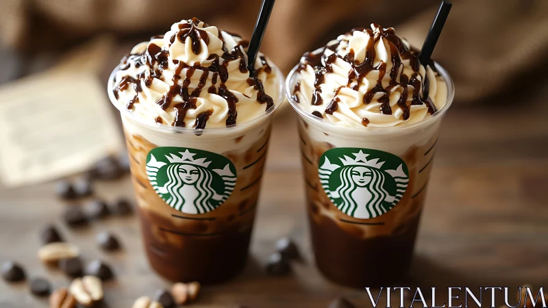 Iced Starbucks frappuccinos stand chilled with rich chocolate drizzle