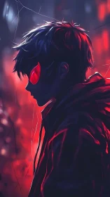 Neon backlit vigilante in profile rendered in cyber-noir hues