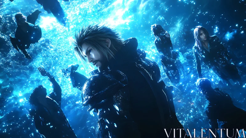 Bioluminescent ether drift with armored hero amid spectral forms.