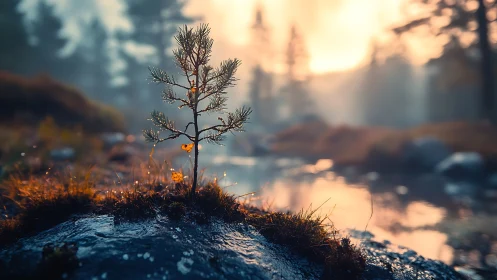 Young pine tree in serene forest at sunrise, soft dreamy style.