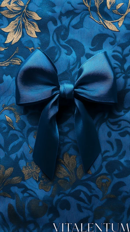 Satin blue bow resting on rich floral brocade backdrop.