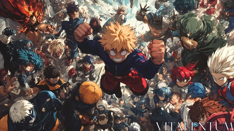 Explosive central hero leading dynamic anime battle charge