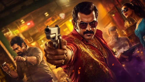 Cinematic crime trio framed in dynamic, gunpoint close-up