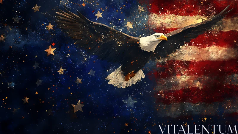 Bald eagle in flight over textured US flag background.