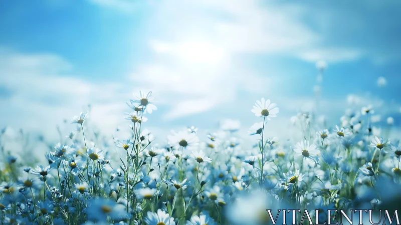 White daisies bloom under blue sky with bright sunlight.