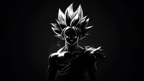 High-contrast anime warrior silhouette in monochrome lighting