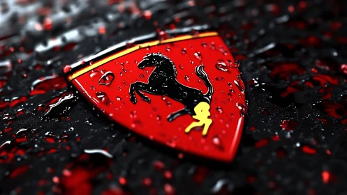 Rain-kissed red racing emblem glows against inky asphalt.