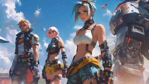 Four cyberpunk figures stand outdoors under a bright sky