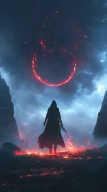 Cloaked figure approaches molten eclipse ring amid volcanic cloud