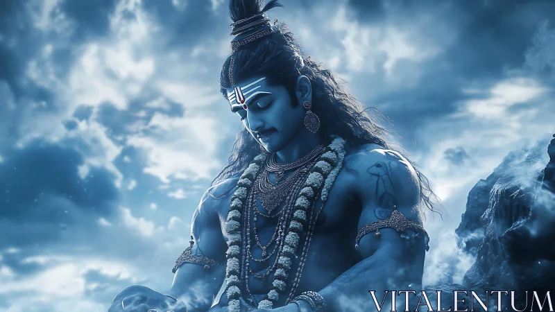 Serene blue deity in quiet mountain mist at dawn.