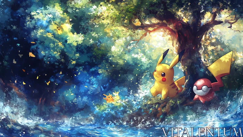 Digital painting of electric creatures in luminous forest stream.