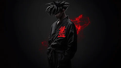Dark anime fighter in black gi with red glowing kanji