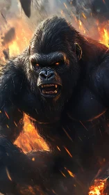 Inferno-eyed mountain gorilla roaring through falling embers.