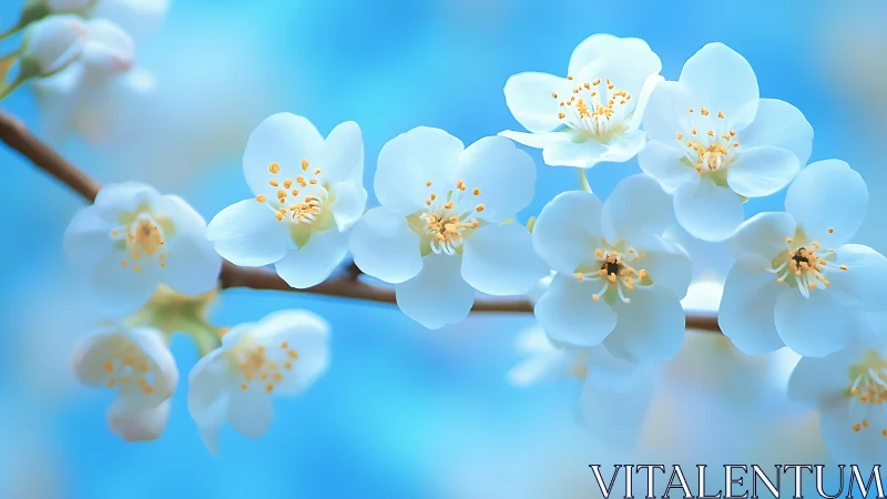 Delicate white blossoms with golden anthers against luminous blue sky.