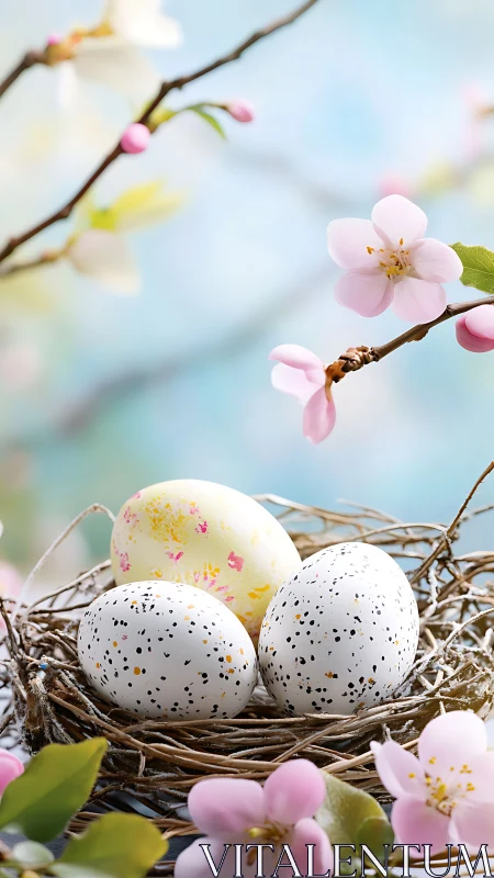 Speckled springtime eggs whisper softly from a blossom nest