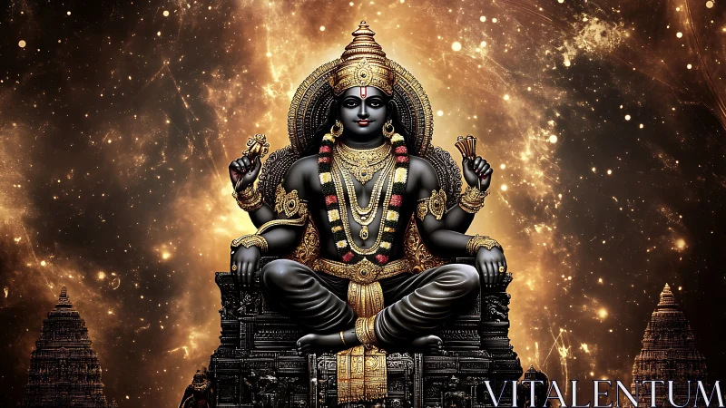 Divine cosmic deity statue amid luminous nebula glow.