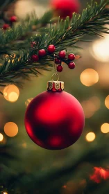 Red Christmas bauble glows amid soft festive lights.