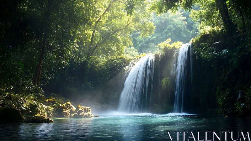 Gentle jungle waterfall pours into a calm turquoise pool