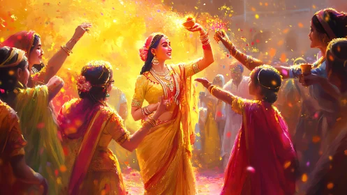 Vibrant Holi Celebration with Women in Traditional Attire, Festive Art.