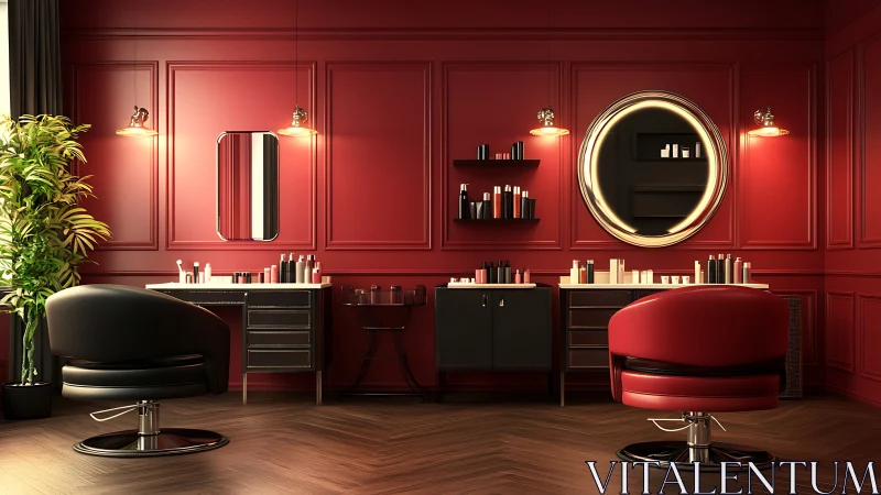 Red salon interior shows two styling stations with chairs