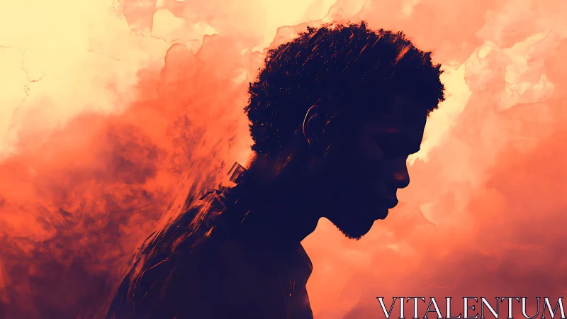 Side-profile silhouette in fiery orange atmospheric clouds