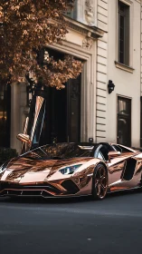 Rose gold supercar parked by ornate city building.