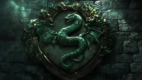 Emerald serpent crest coils on ancient stone wall in shadowed light.