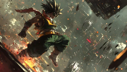 Sky-scorching warrior plunges through burning neon skyline.