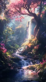 Enchanted waterfall glows beneath radiant pink blossom canopy