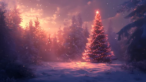 Illuminated Christmas fir in snowy forest at twilight glow