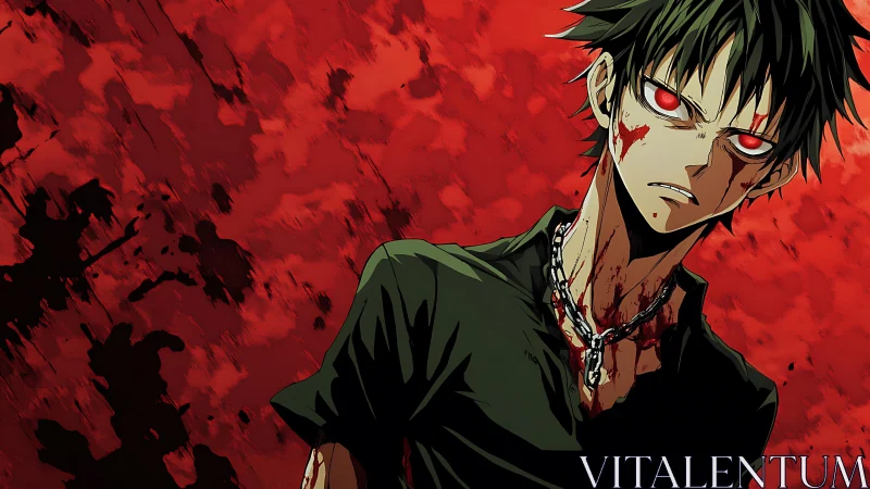 Blood-lit rebel with burning eyes in a crimson stormscape.