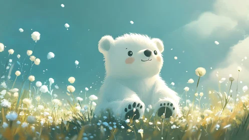 Playful baby polar bear sits in a dreamy meadow of light