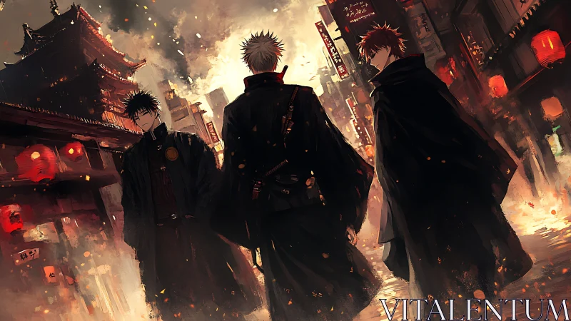 Three cloaked warriors stride through a burning neon city night