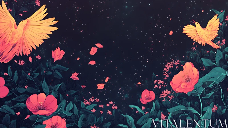 Luminous skybirds drifting above neon midnight blossoms.