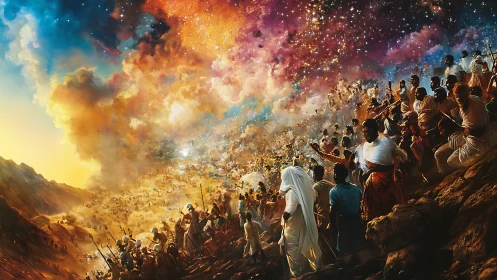 Cosmic exodus of robed pilgrims under nebular starstorm sky