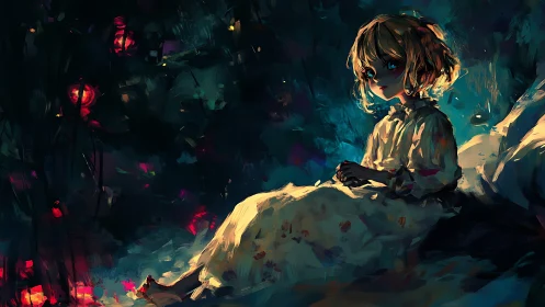 Chromatic nocturne of a girl in bedlit spectral ambience.