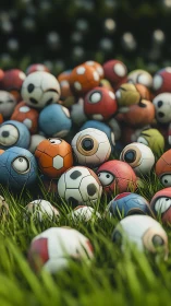 Curious cartoon soccer balls gossip in a grassy daydream field.