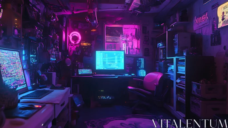 Neon-lit hacker workstation glows inside a cramped cyber den