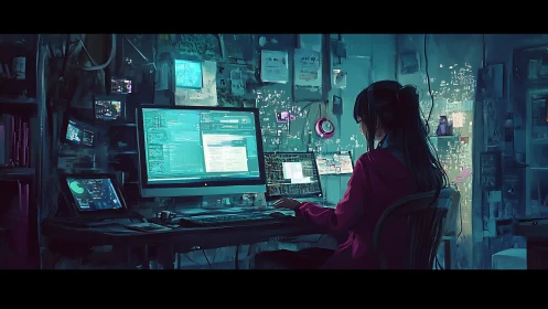 Solitary coder in neon-lit room monitors cyber data feeds.