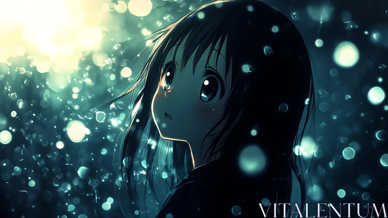 Anime girl observes glowing particles in luminous night
