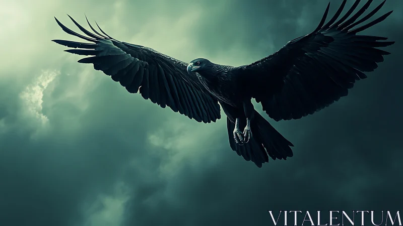 Dark eagle rendered in flight against dramatic storm clouds