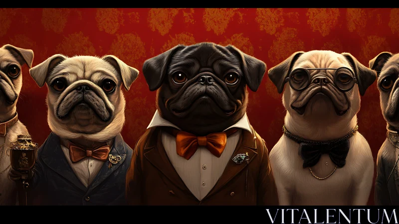 Dapper pug portrait lineup in formal vintage attire.