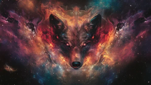 Cosmic wolf spirit emerging from swirling stardust clouds.