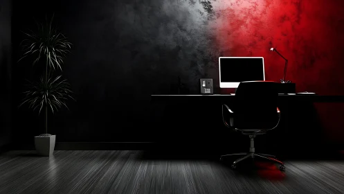 Minimalist black desk workspace with red gradient wall lighting