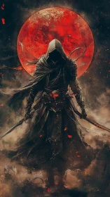 Hooded shadow warrior stands before a burning blood moon