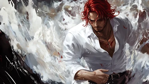 Male figure in white shirt with red hair amid abstract motion.