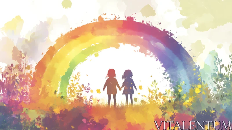 Two Children Silhouettes Beneath Vibrant Watercolor Rainbow